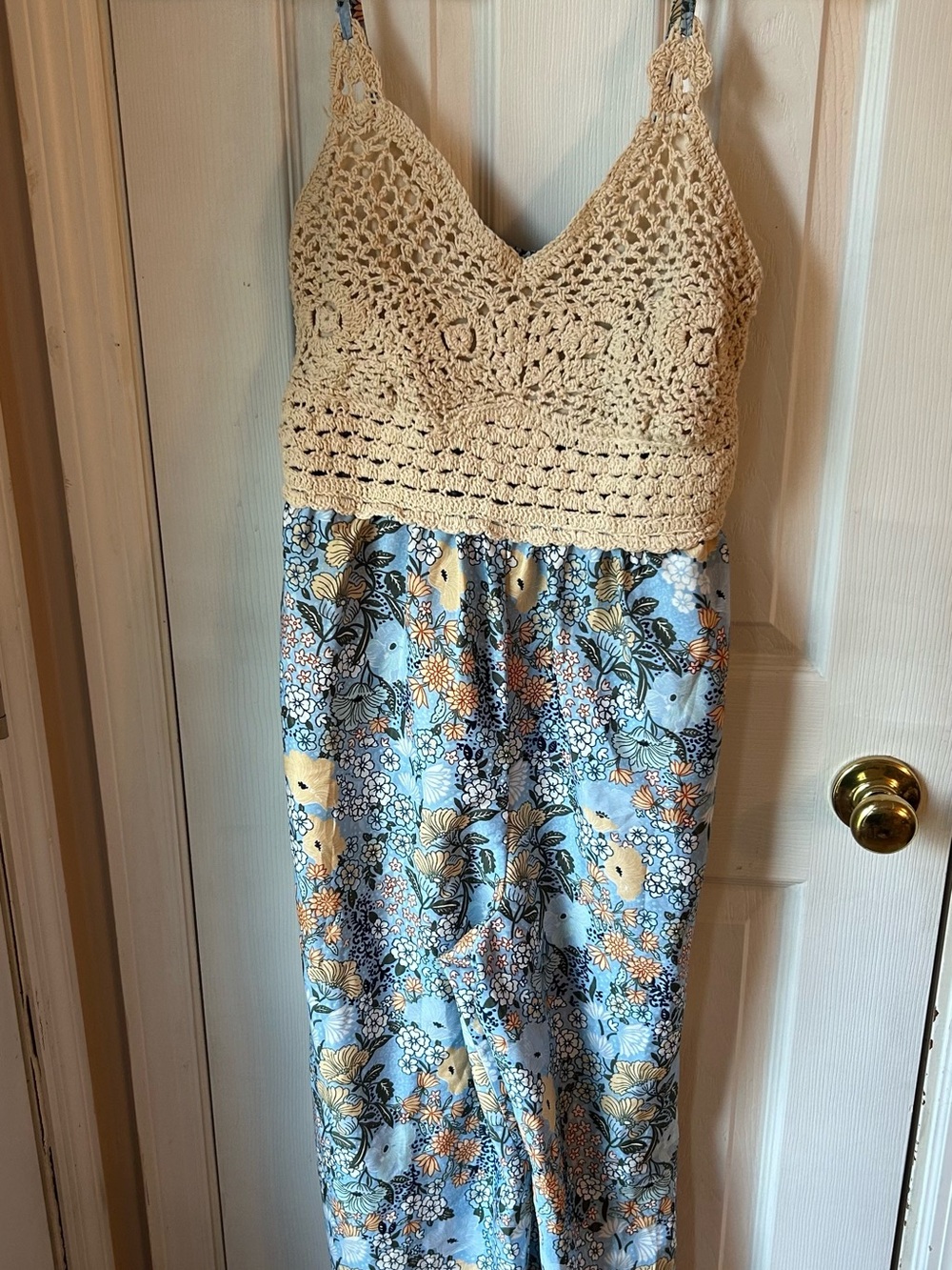 Crochet Bodice Jumpsuit in Cream and Light Blue Floral